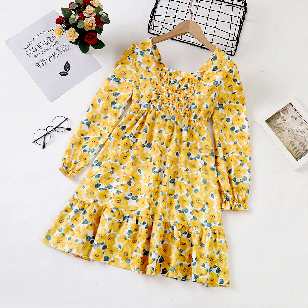 

Kid Girl Floral Print Square Neck Long-sleeve Pleated Dress