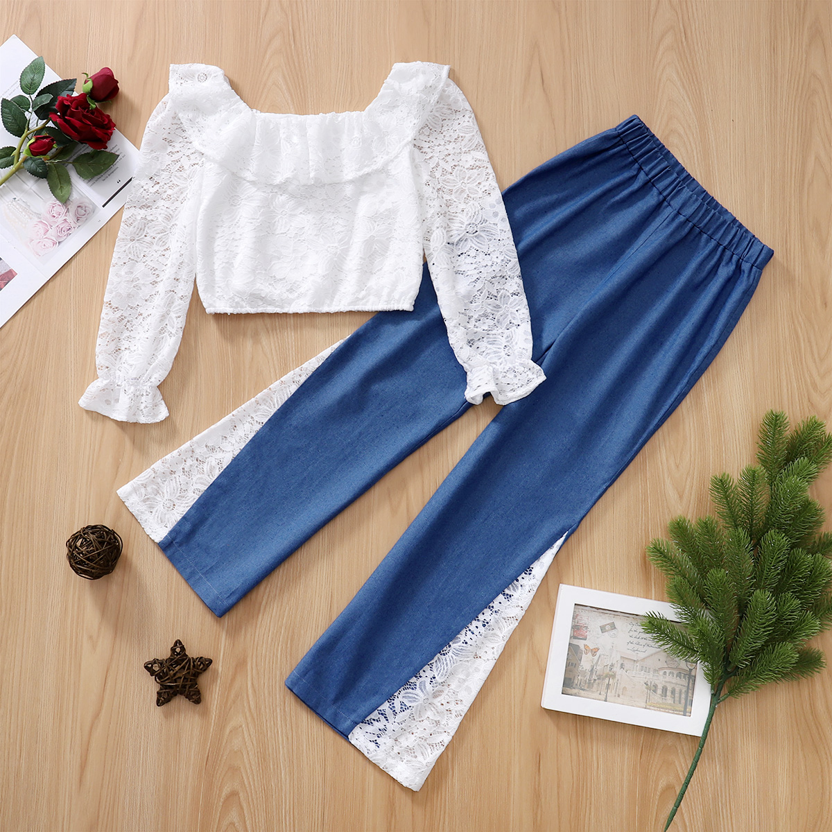 

2-piece Kid Girl Doll Collar Long-sleeve White Lace Top and Denim Splice Pants Set