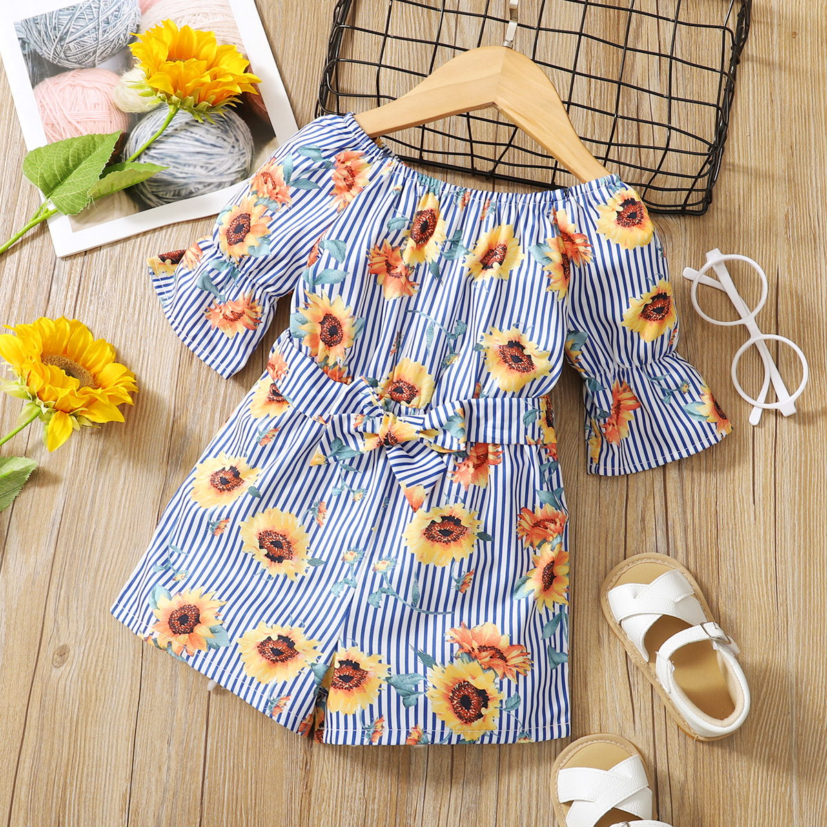 

Baby Girl Floral Sunflower Print Striped Jumpsuit with Belt