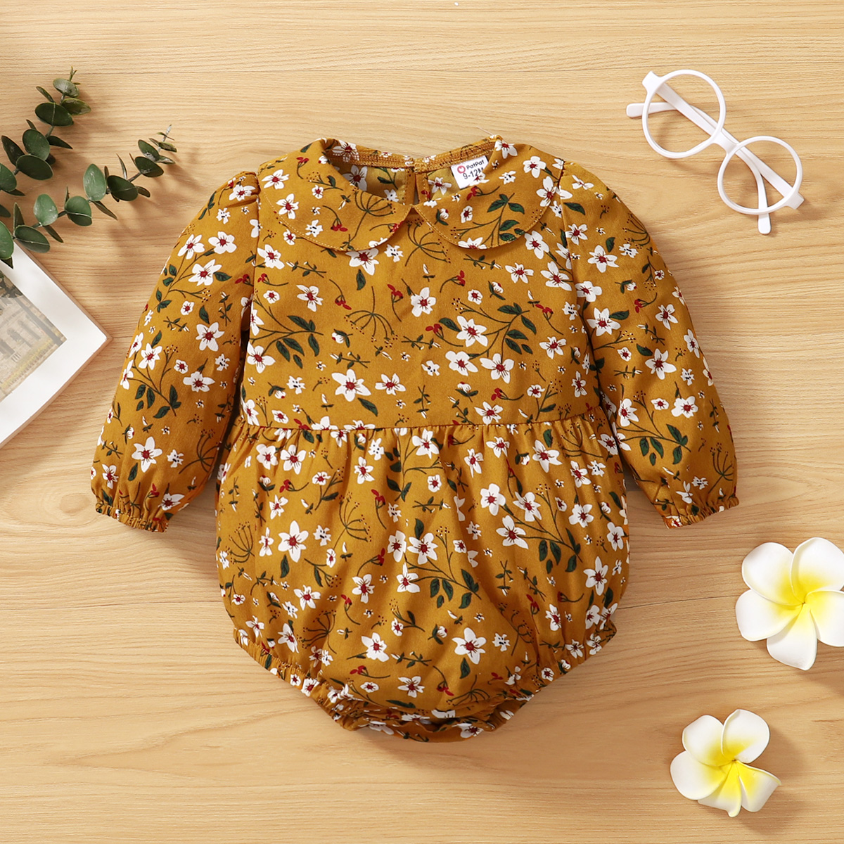 

Baby Girl All Over Floral Print Yellow Doll Collar Long-sleeve Romper