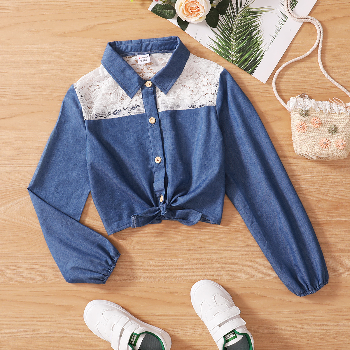 

Kid Girl Lace Stitching Tie Knot Button Down Long-sleeve Denim Shirt