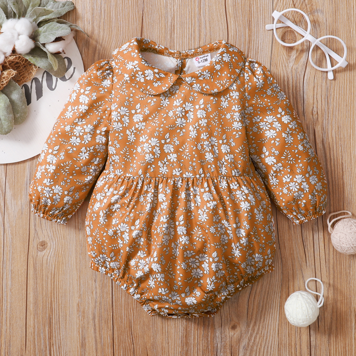 

Baby Girl Floral Print Doll Collar Long-sleeve Bodysuit Romper