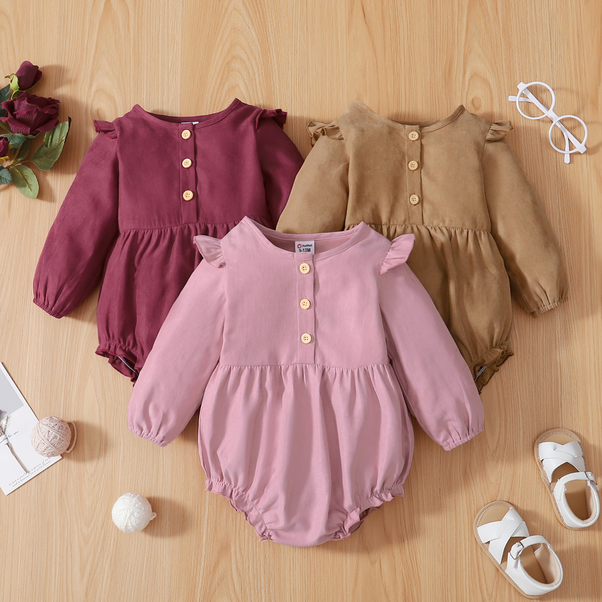 

Solid Long Sleeve Button Front Baby Girl Romper