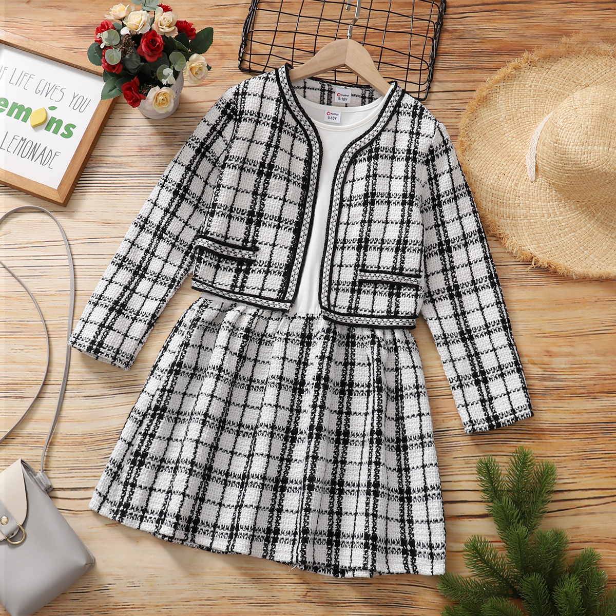 

2-piece Kid Girl White Plaid Splice Long-sleeve Dress and Cardigan Jacket Set