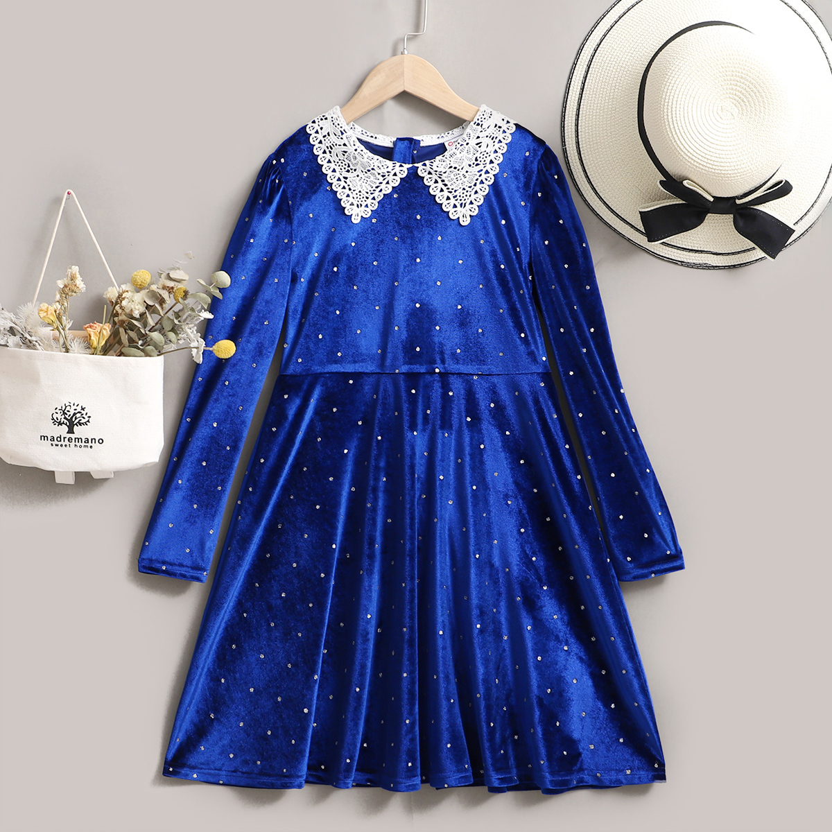 

Kid Girl Lace Doll Collar Glitter Long-sleeve Velvet Dress