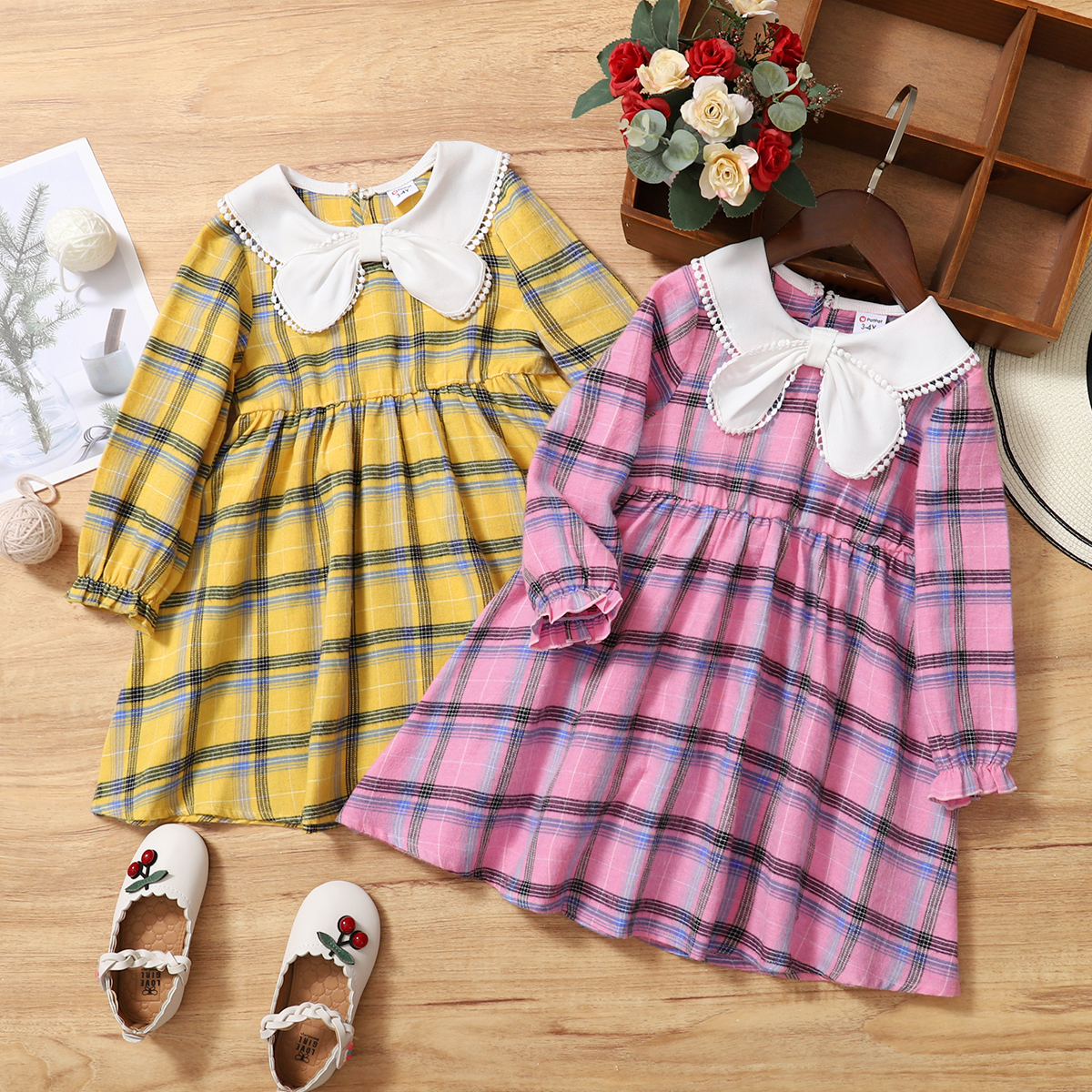 

Toddler Girl Doll Collar Bowknot Design Long Ruffle-sleeve Plaid Dress