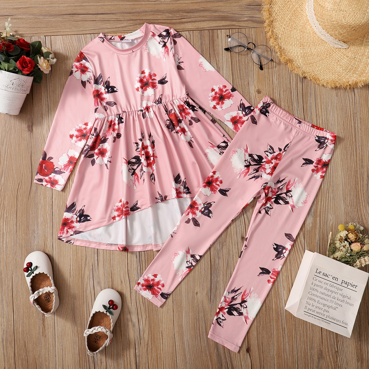 

2-piece Toddler Girl Floral Print Long-sleeve High Low Dress and Elasticized Leggings Set