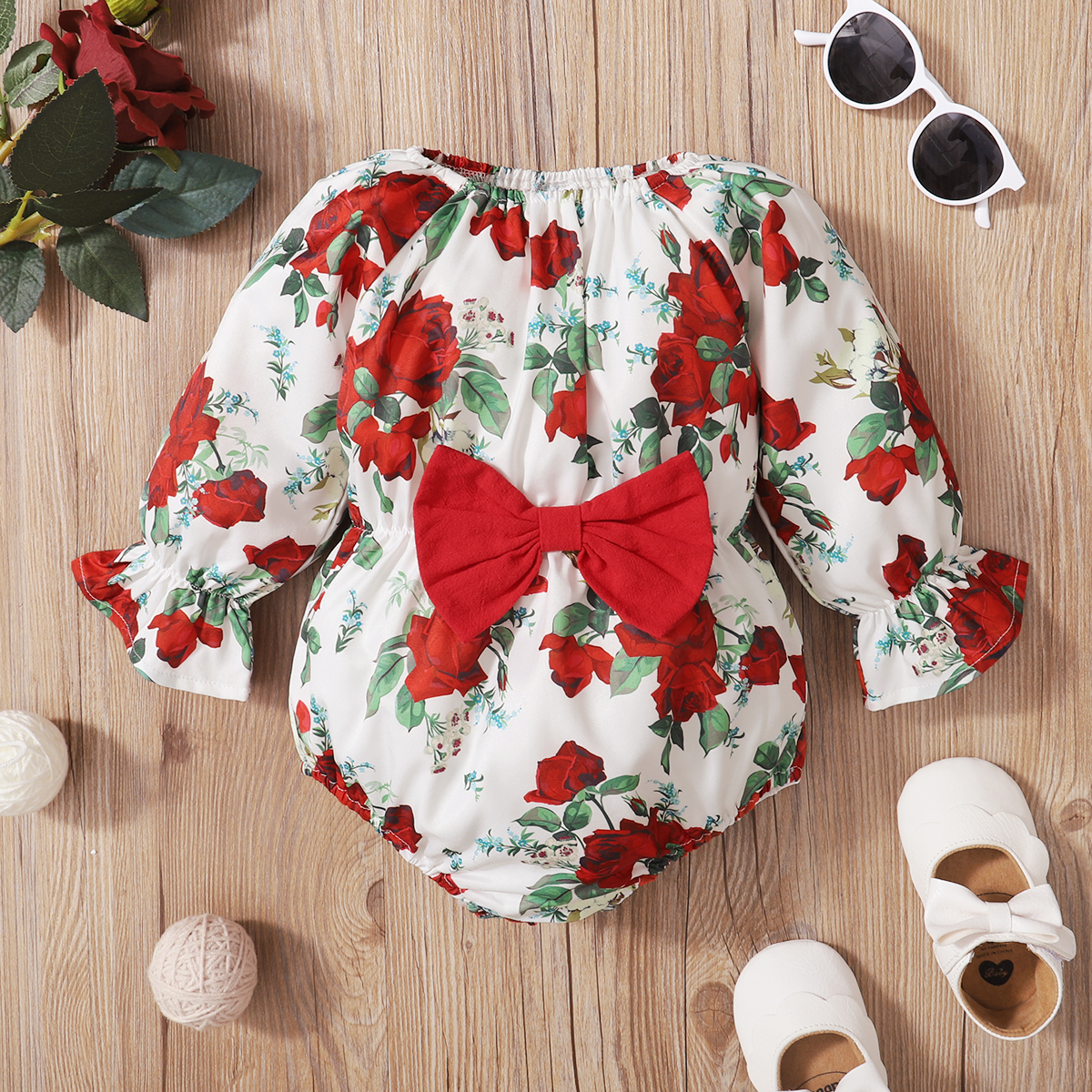 

Baby Girl Red Rose Floral Print Bowknot Long-sleeve Romper