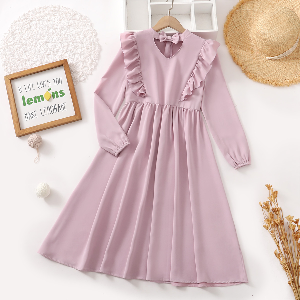 

Kid Girl Hollow out Front Bowknot Design Flounce Long-sleeve Purple Dress