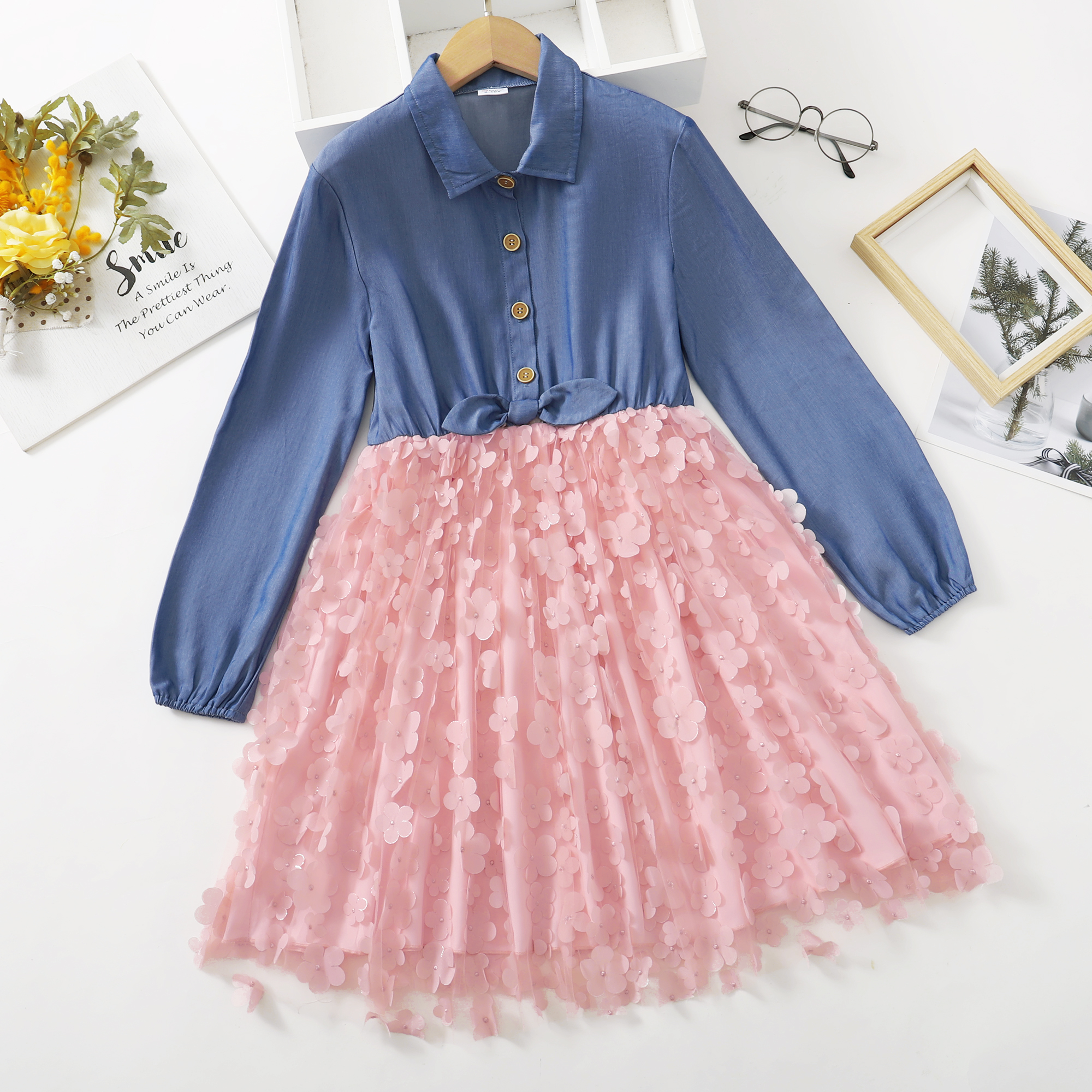 

Kid Girl Lapel Collar Bowknot Button Design Long-sleeve Denim 3D Floral Embroidered Mesh Dress