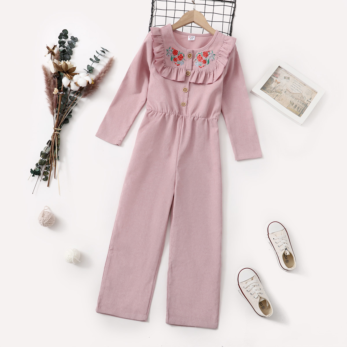 

Kid Girl Floral Embroidered Ruffle Button Design Long-sleeve Pink Jumpsuits