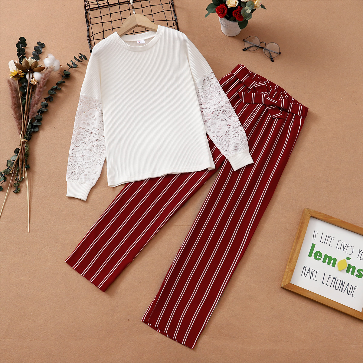 

2-piece Kid Girl Christmas Lace Design Long-sleeve White Tee and Belted Stripe Pants Set