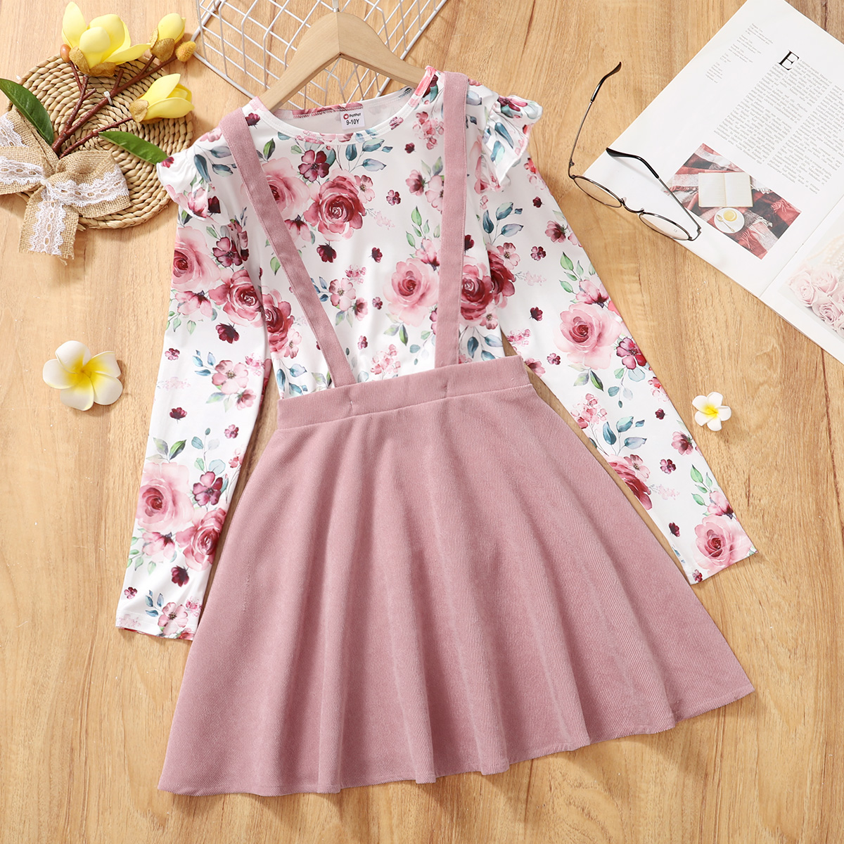 

2-piece Kid Girl Ruffled Floral Print Long-sleeve Tee and Pink Suspender Skirt Set