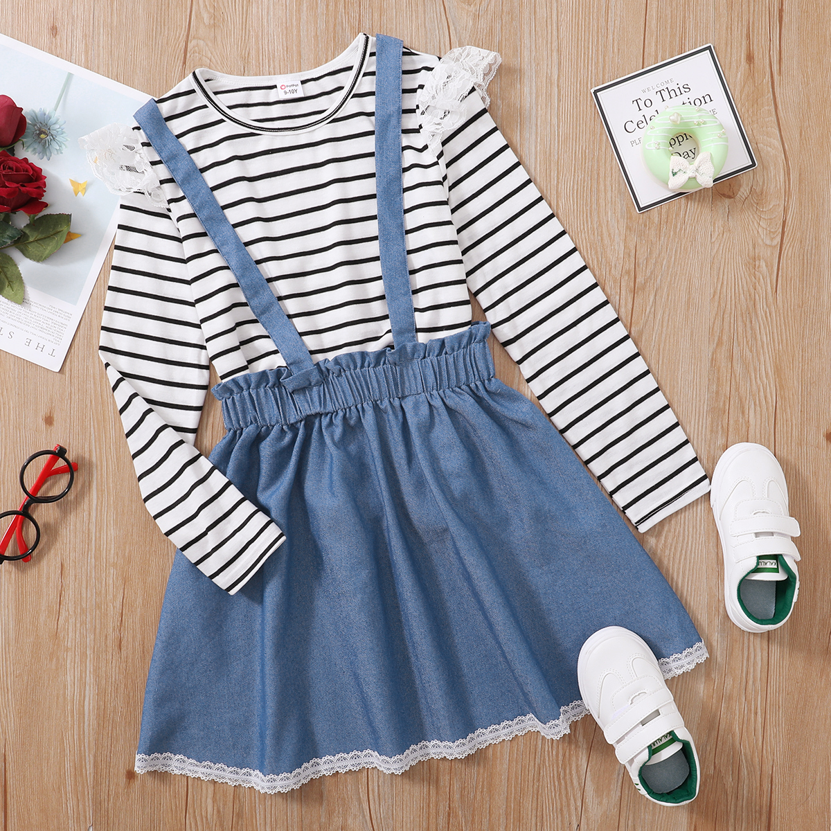 

2-piece Kid Girl Lace Decor Striped Long-sleeve T-shirt and Denim Suspender Skirt Set
