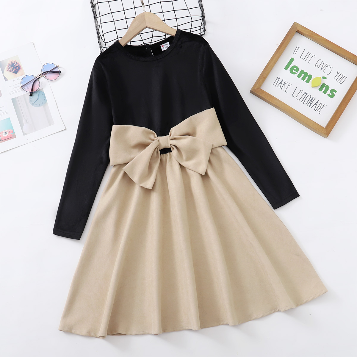 

Kid Girl Bowknot Design Colorblock Long-sleeve Dress