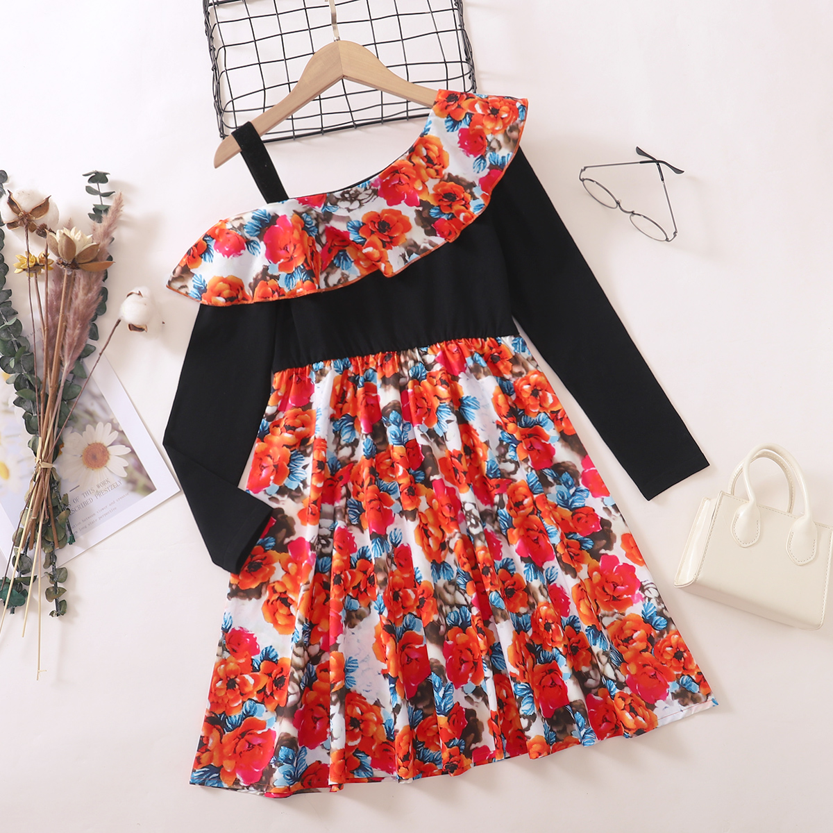 

Kid Girl Floral Print Flounce One Shoulder Long-sleeve Dress