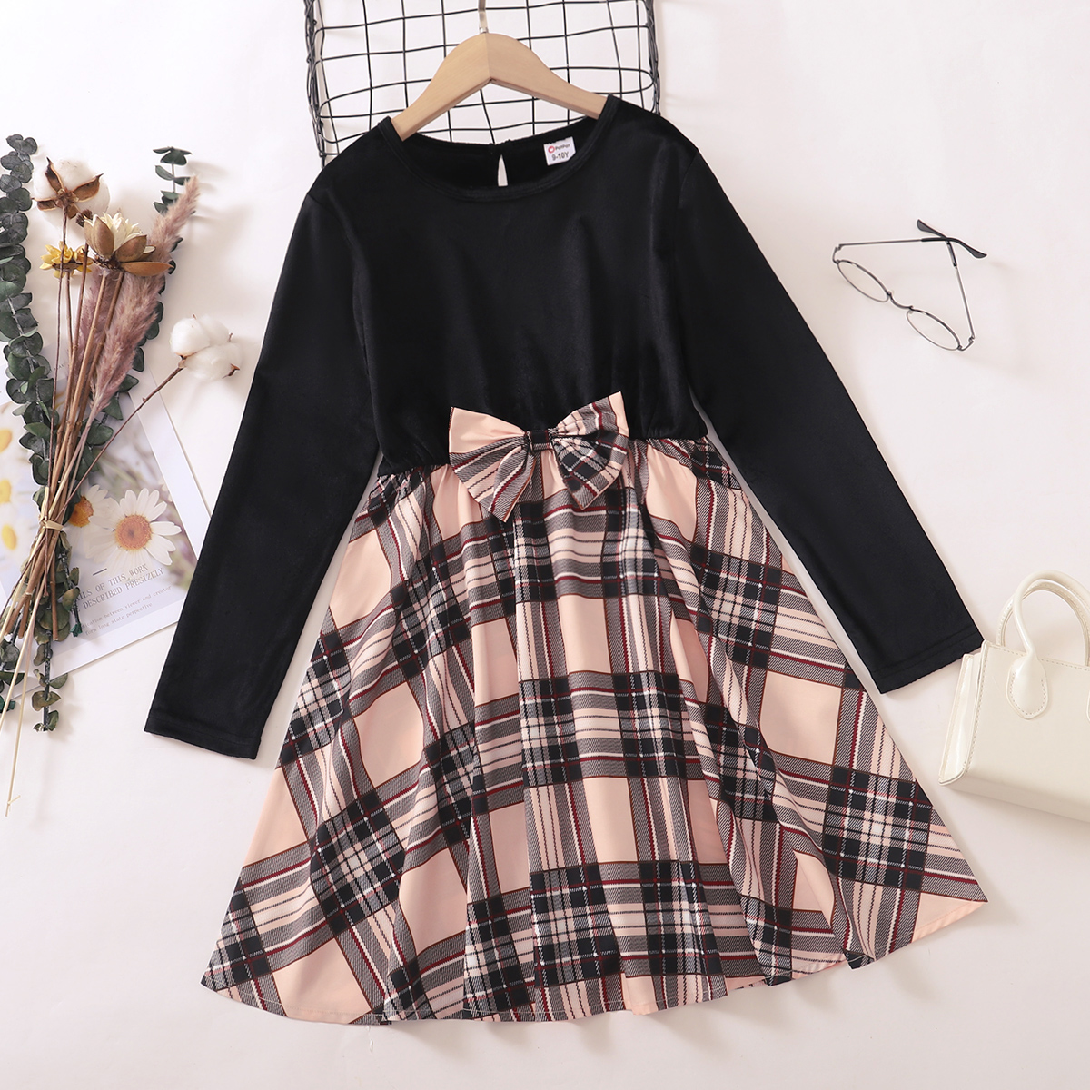 

Kid Girl Bowknot Design Plaid Splice Long-sleeve Dress