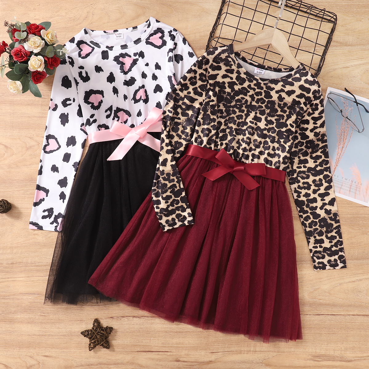 

Kid Girl Leopard Print Bowknot Design Mesh Splice Long-sleeve Dress