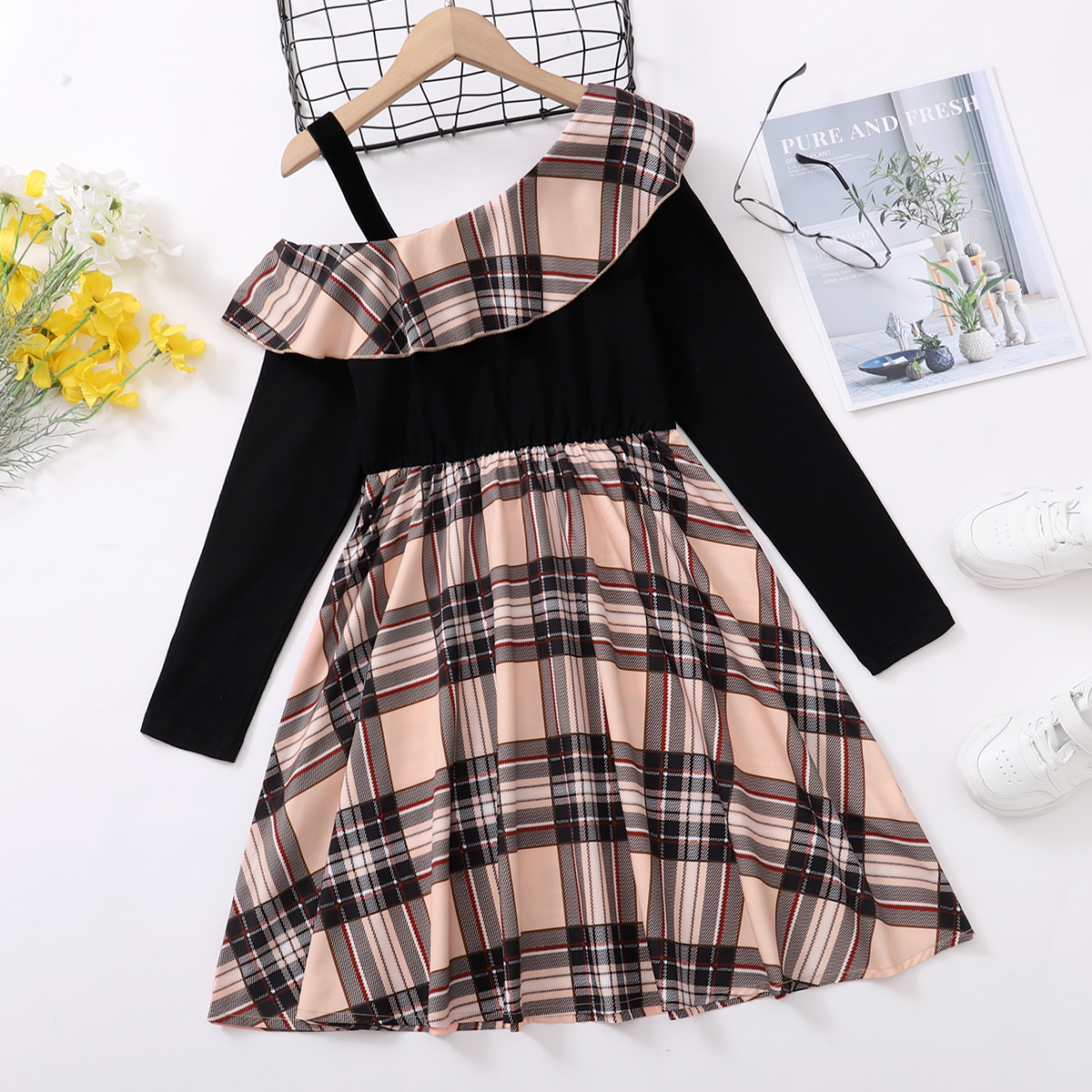 

Kid Girl One Shoulder Flounce Design Plaid Long-sleeve Dress