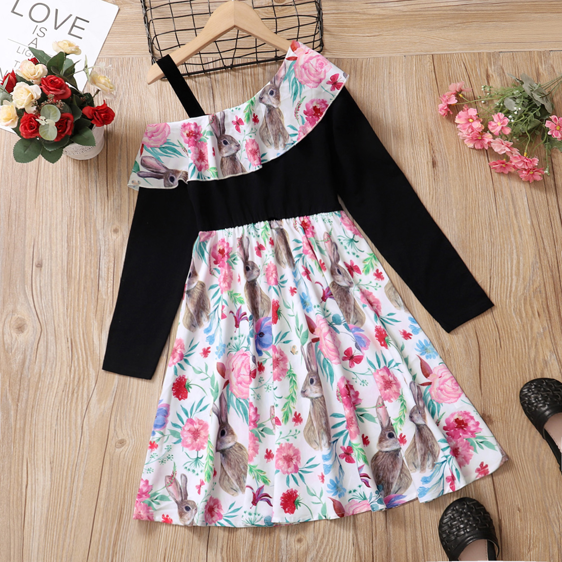 

Kid Girl Easter Floral Rabbit Print Floune One Shoulder Strap Long-sleeve Dress