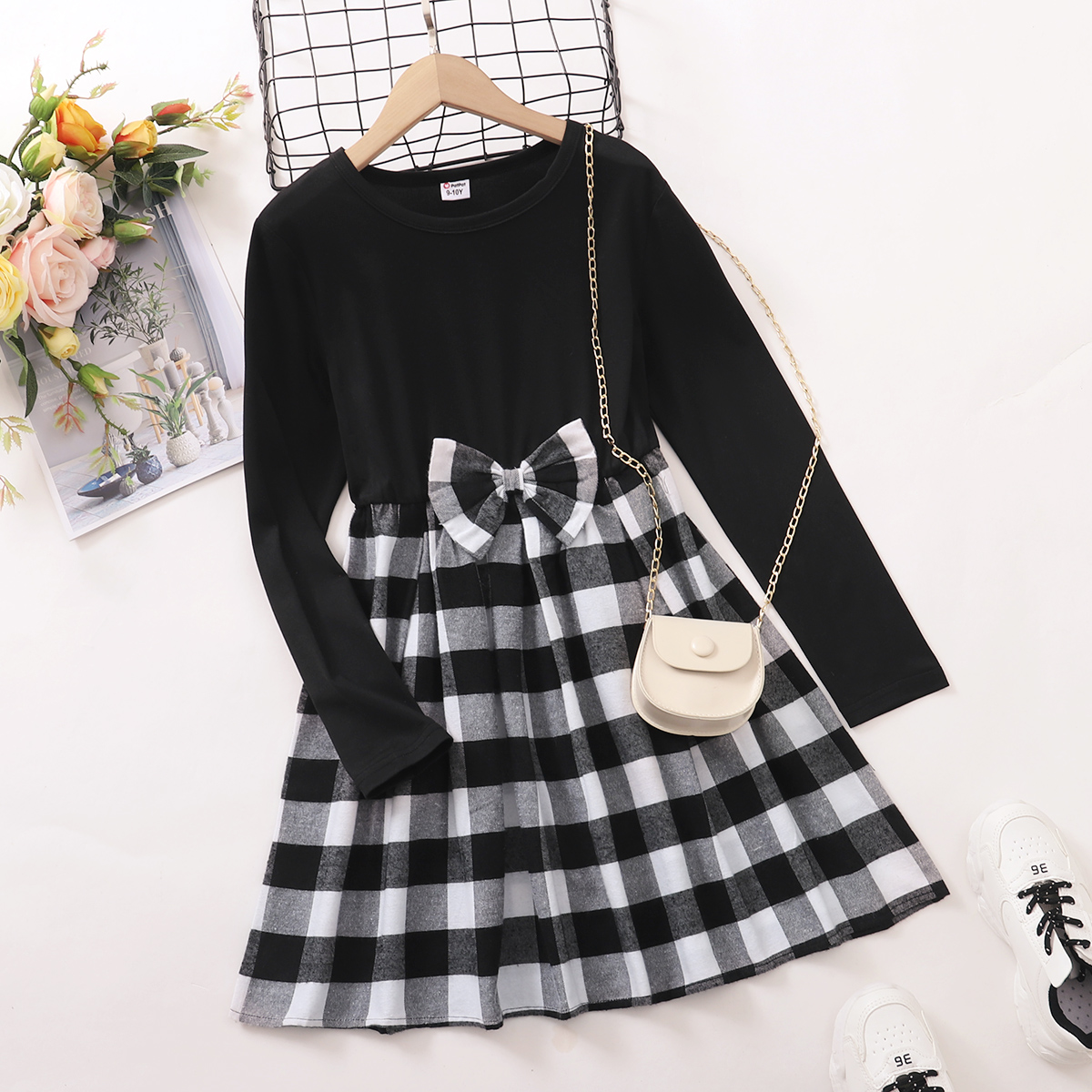 

Kid Girl Bowknot Design Plaid Splice Long-sleeve Dress