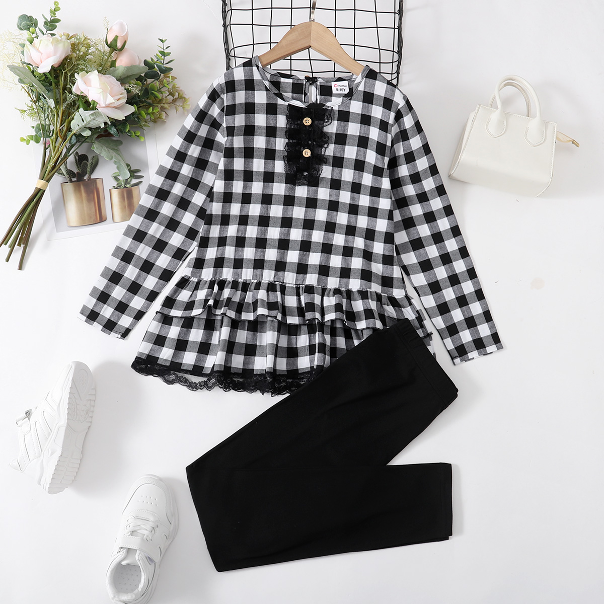

2-piece Kid Girl Lace Design Ruffle Hem Long-sleeve Plaid Top and Black Pants Set