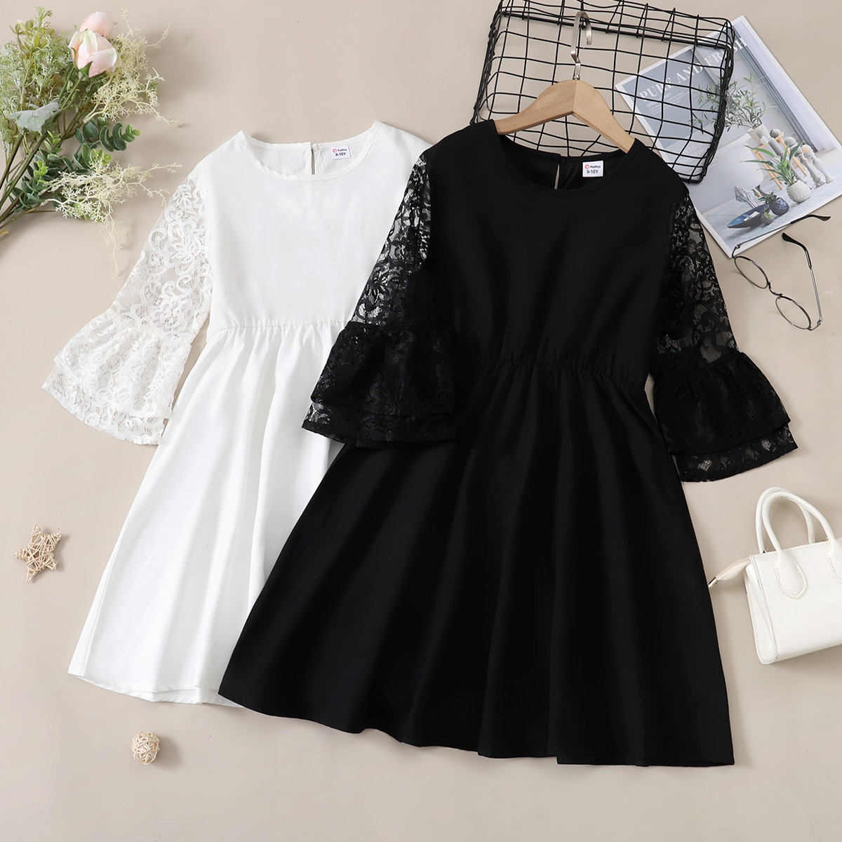 

Kid Girl Lace Design Bell sleeves Solid Color Dress