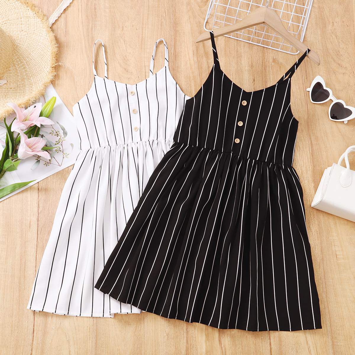 

Kid Girl Button Design Stripe Cami Dress