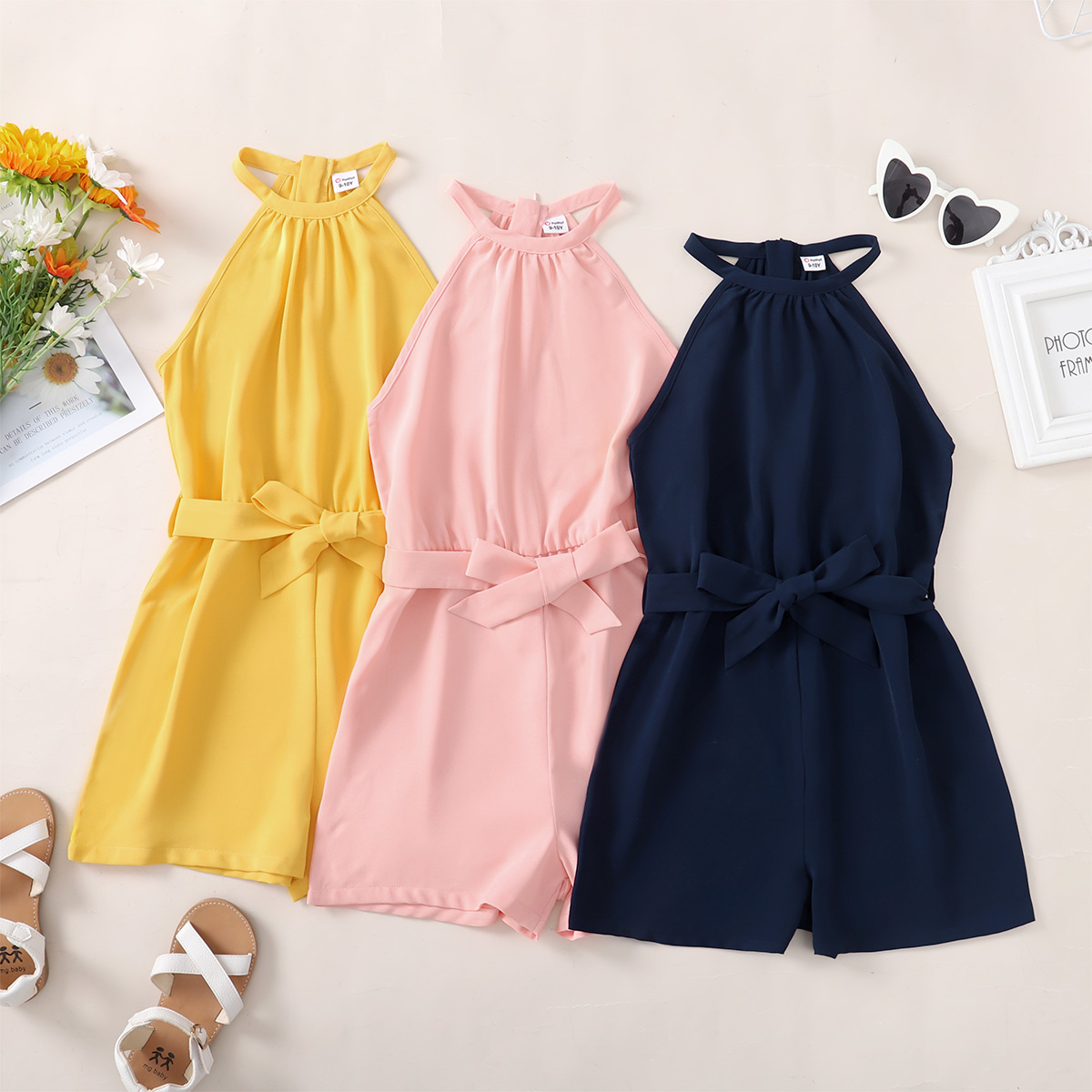 

Kid Girl Solid Color Belted Halter Rompers Jumpsuits Shorts