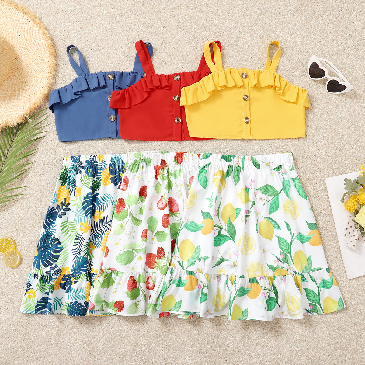 

2-piece Kid Girl Ruffled Button Design Tank Top and Floral Fruit Print Skirt Set