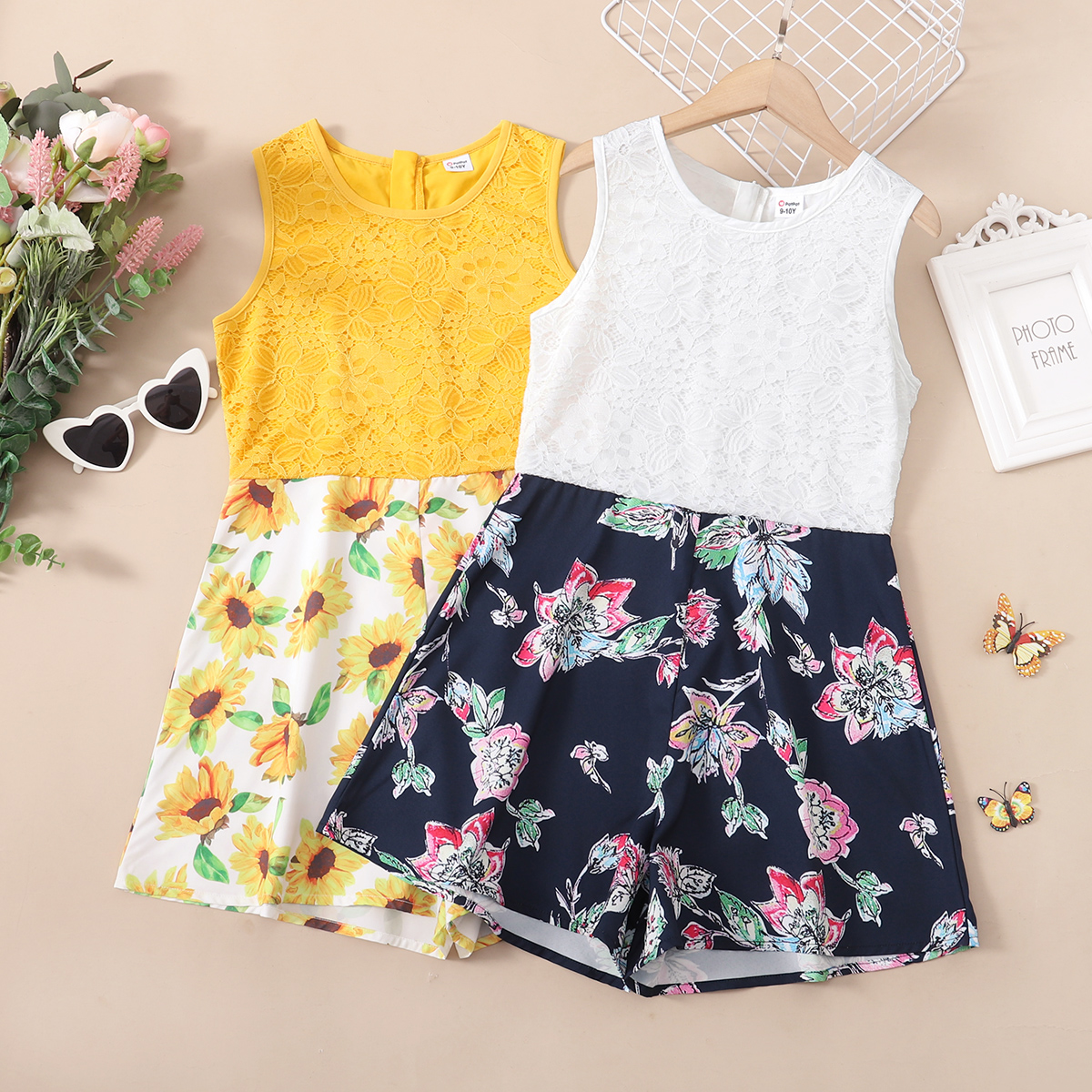 

Kid Girl Floral Print Lace Design Sleeveless Rompers