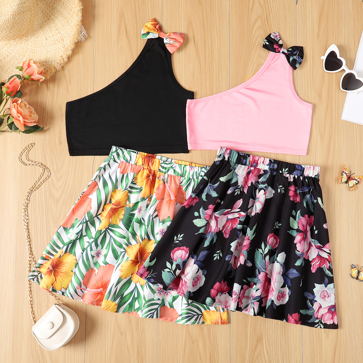 

2-piece Kid Girl Bowknot Design One Shoulder Tank Top and Floral Print Skirt Set