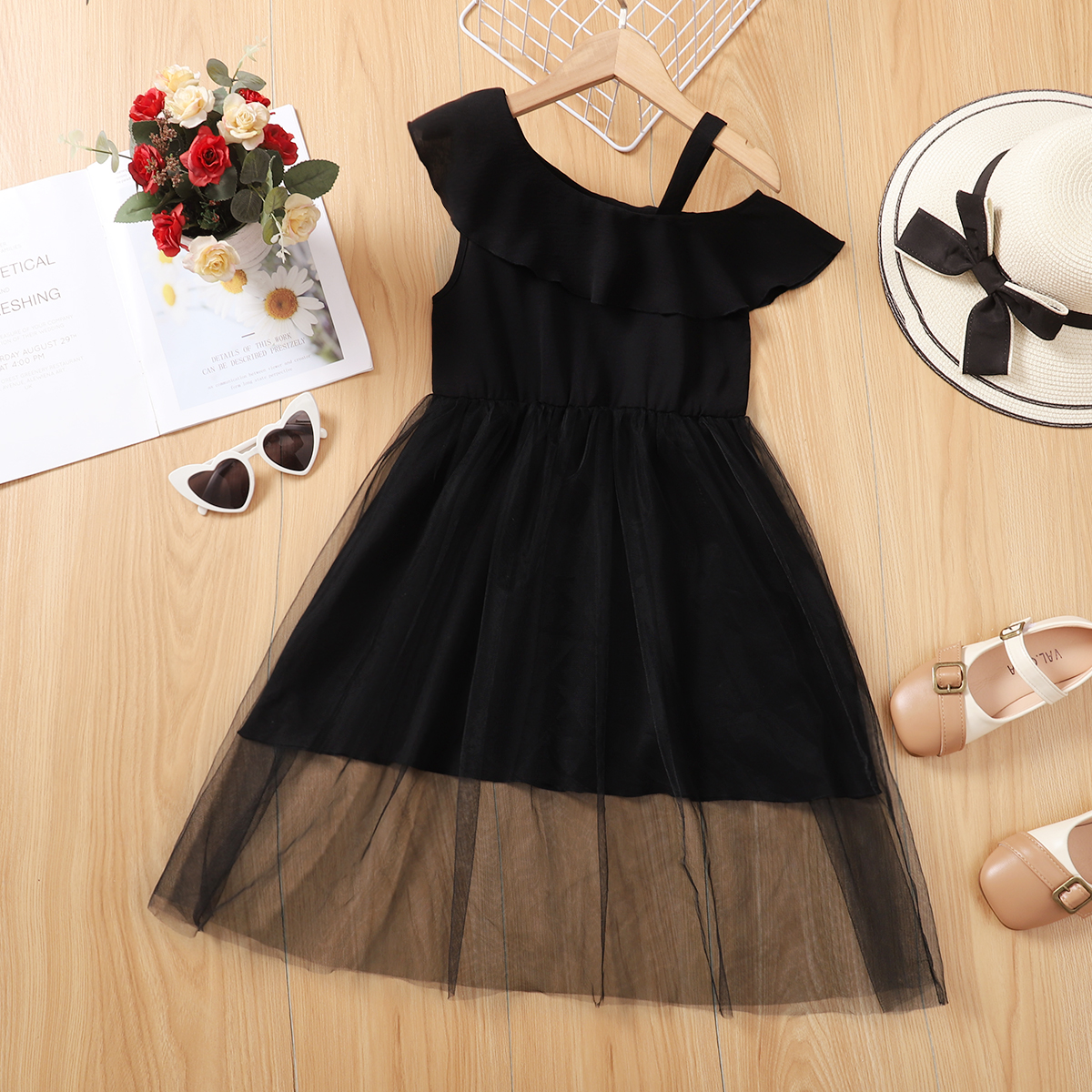 

Kid Girl One Shoulder Flounce Sleeveless Mesh Design Black Strap Dress