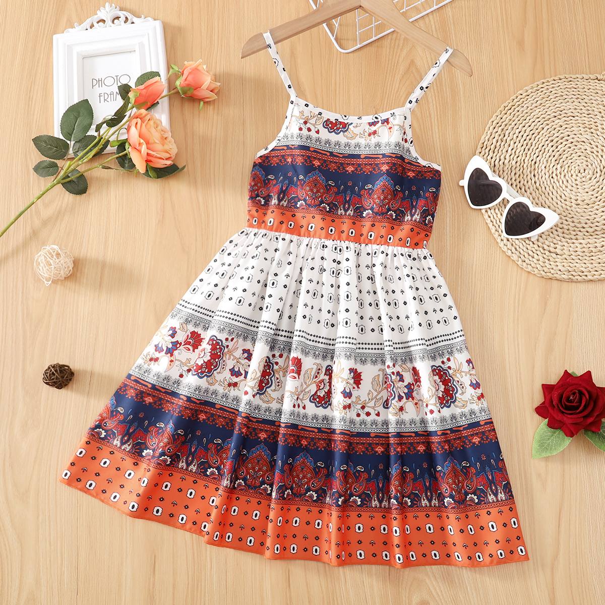 

Kid Girl Boho Exotic Colorblock Cami Dress