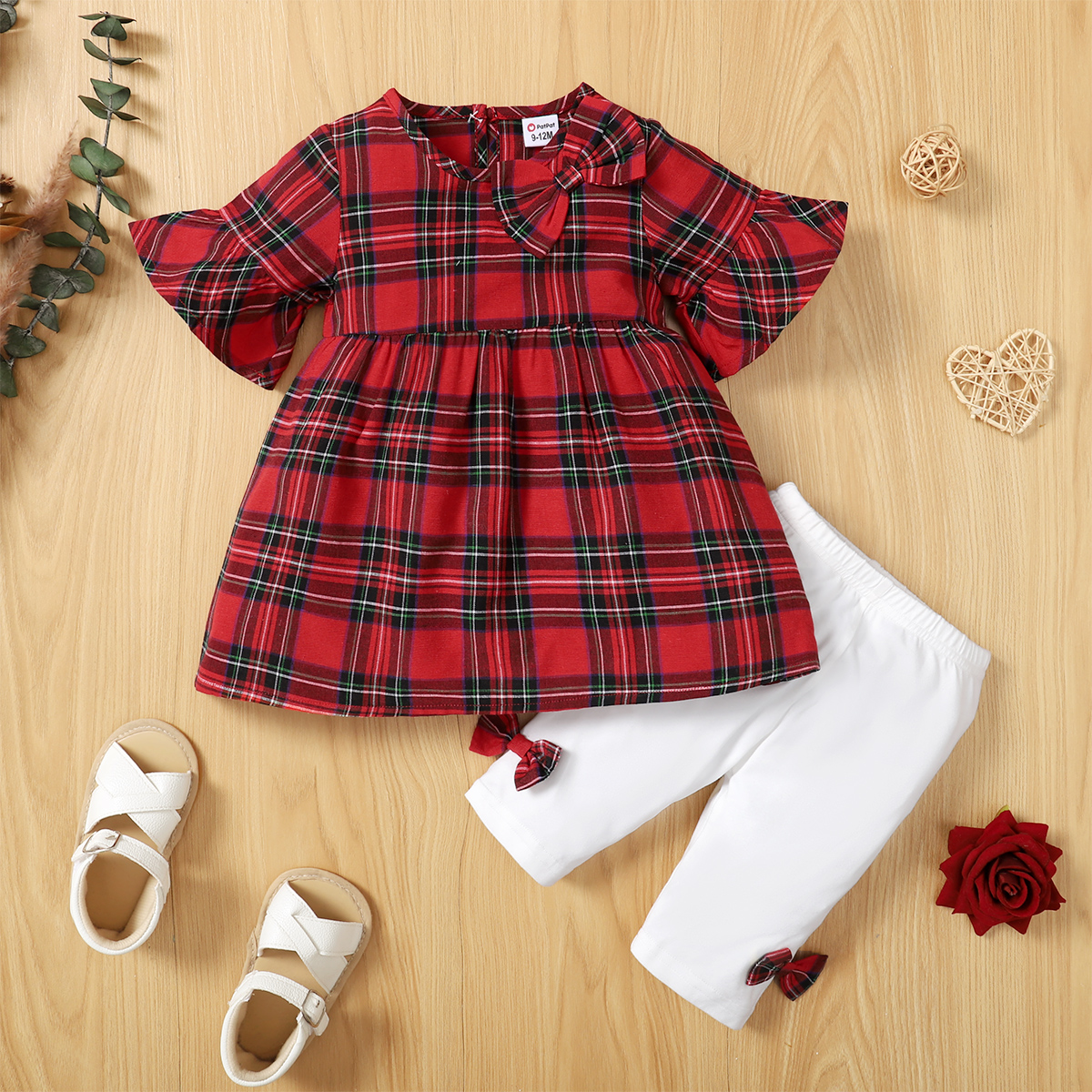 

2pcs Baby Girl Red Plaid Flare-sleeve Dress and Bowknot Leggings Pants Set