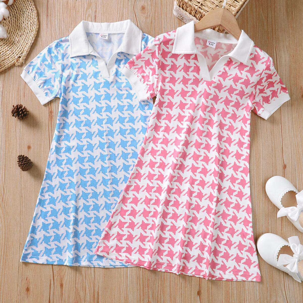 

Kid Girl Houndstooth Pattern Lapel Collar Short-sleeve Dress