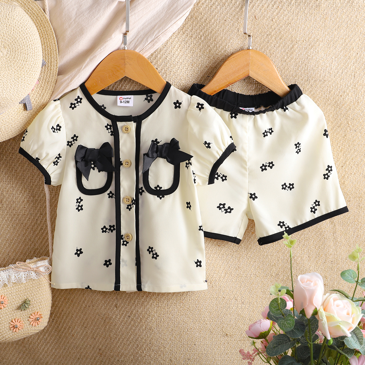 

2pcs Baby Girl Floral Print Puff-sleeve Bowknot Top and Shorts Set