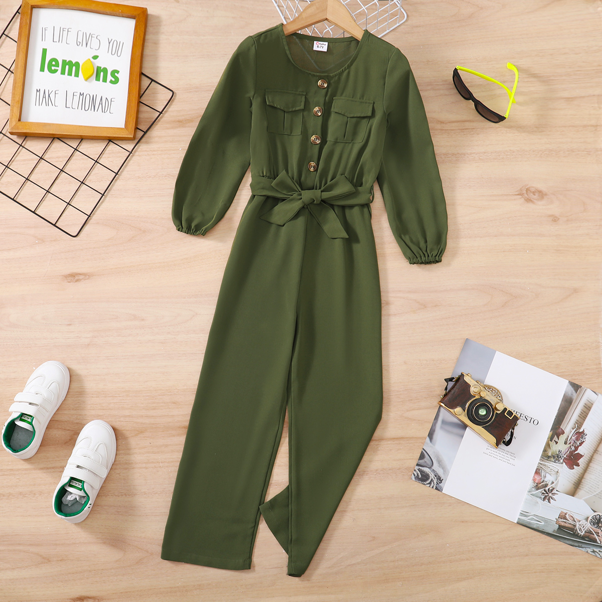 

Kid Girl Pocket Button Design Belted Long-sleeve Dark Green Jumpsuits