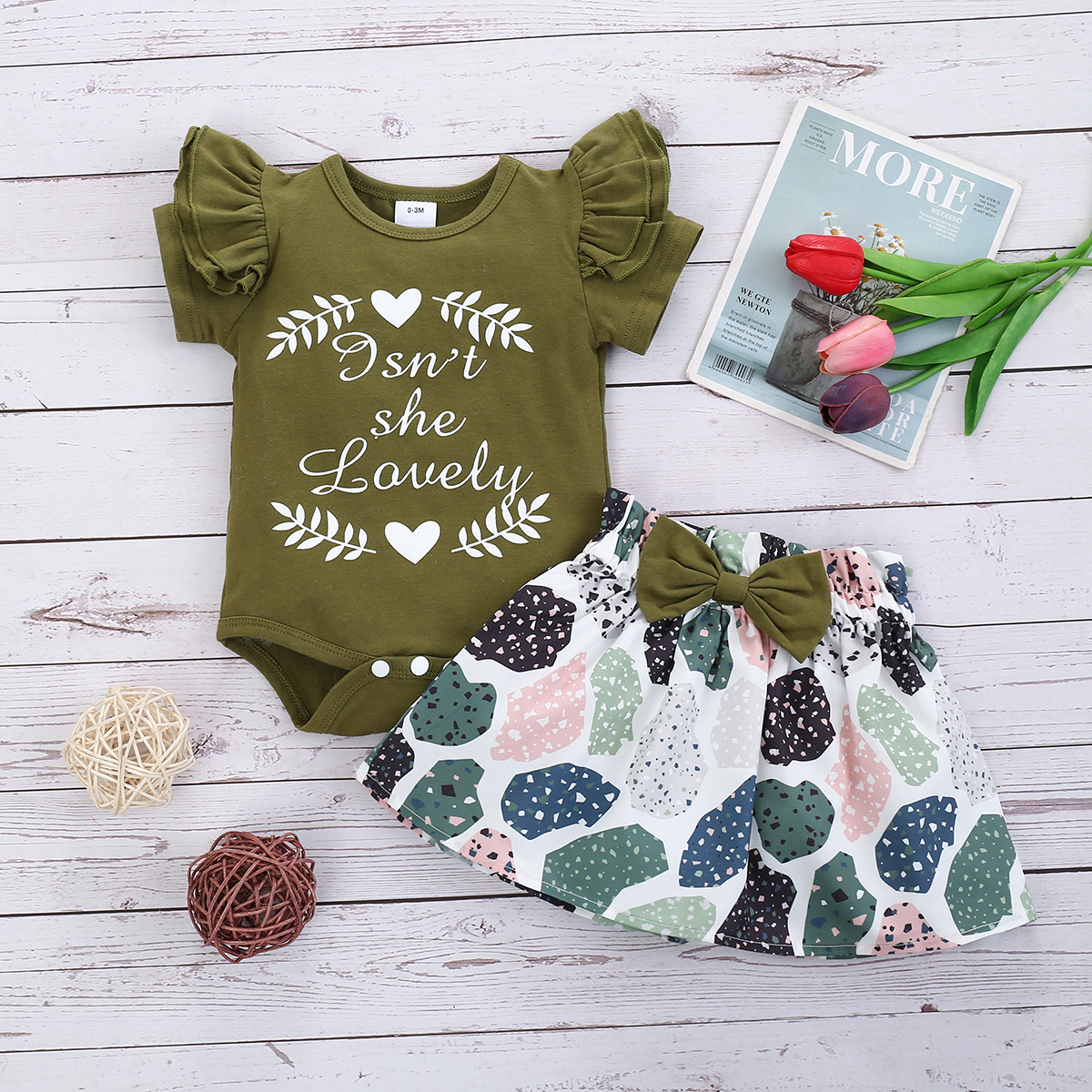 

2pcs Baby Girl casual Flutter-sleeve Cotton Romper Suit-dress