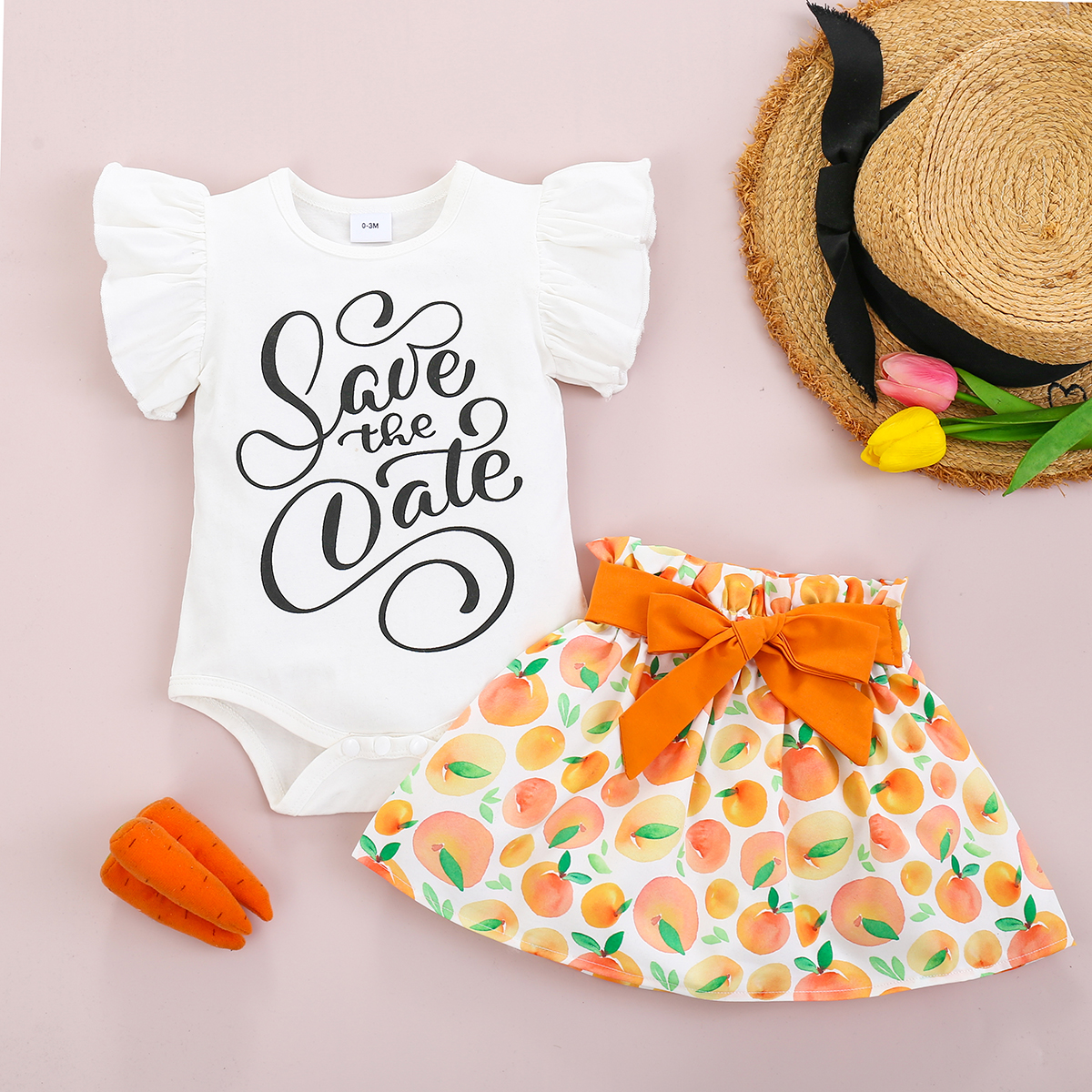 

2pcs Baby Girl Fruit Flutter-sleeve Solid Romper Sweet Suit-dress