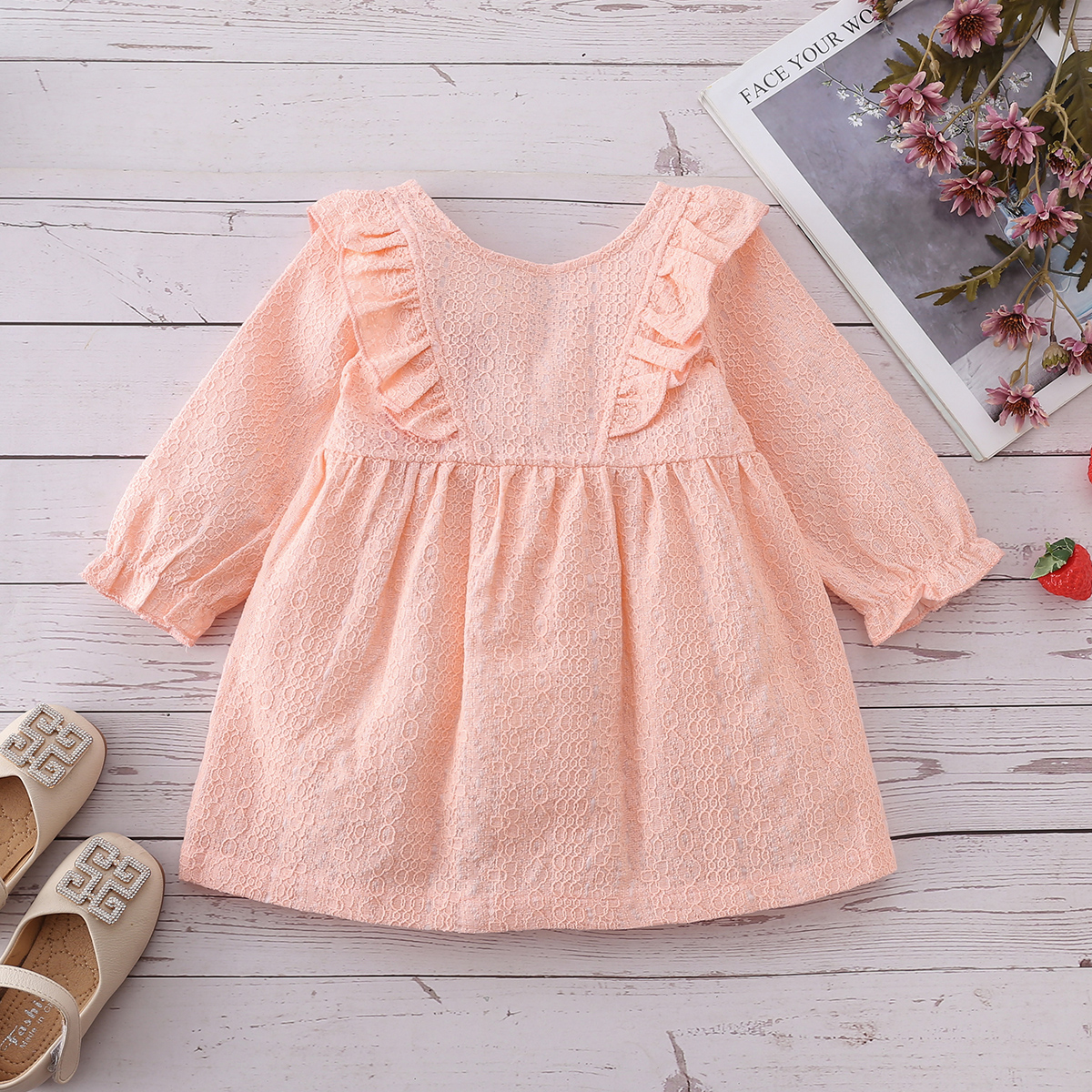 

100% Cotton Solid Ruffle Decor Long-sleeve Pink Baby Dress