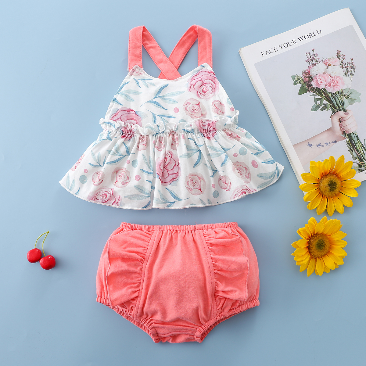 

100% Cotton 2pcs Floral Print Tank Top and Solid Pink Shorts Baby Set