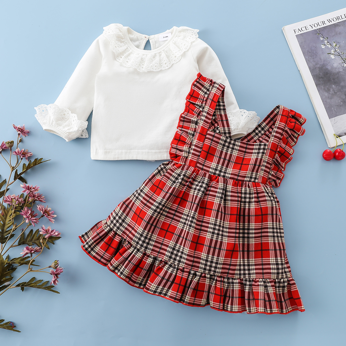 

100% Cotton 2pcs Baby Lace Splice Long-sleeve Top and Plaid Overall Dress Set