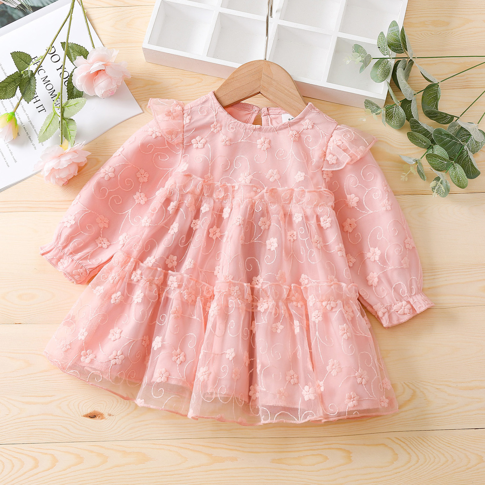 

Baby Pink Floral Embroidered Long-sleeve Tiered Mesh Dress