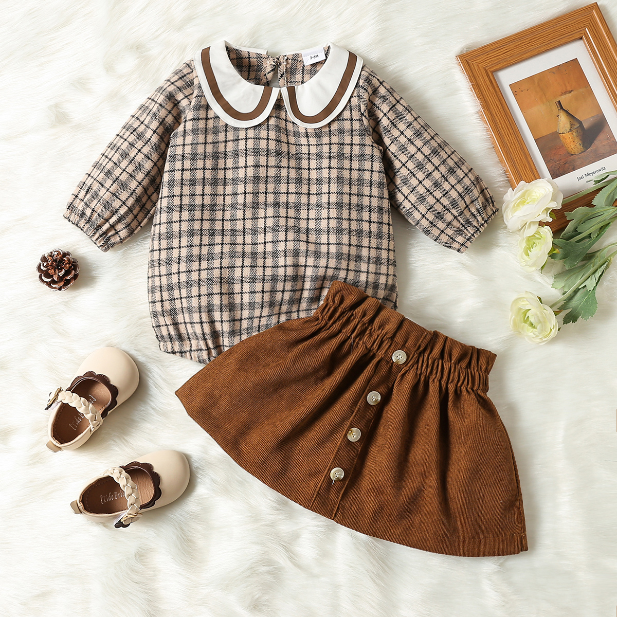 

100% Cotton 2pcs Baby Doll Collar Long-sleeve Plaid Top and Corduroy Mini Skirt Set