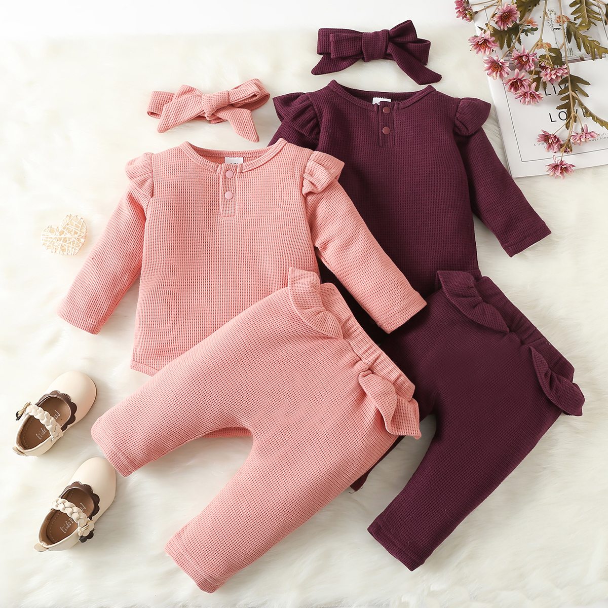 

100% Cotton 3pcs Baby Solid Ruffle Long-sleeve Waffle Romper and Trousers Set