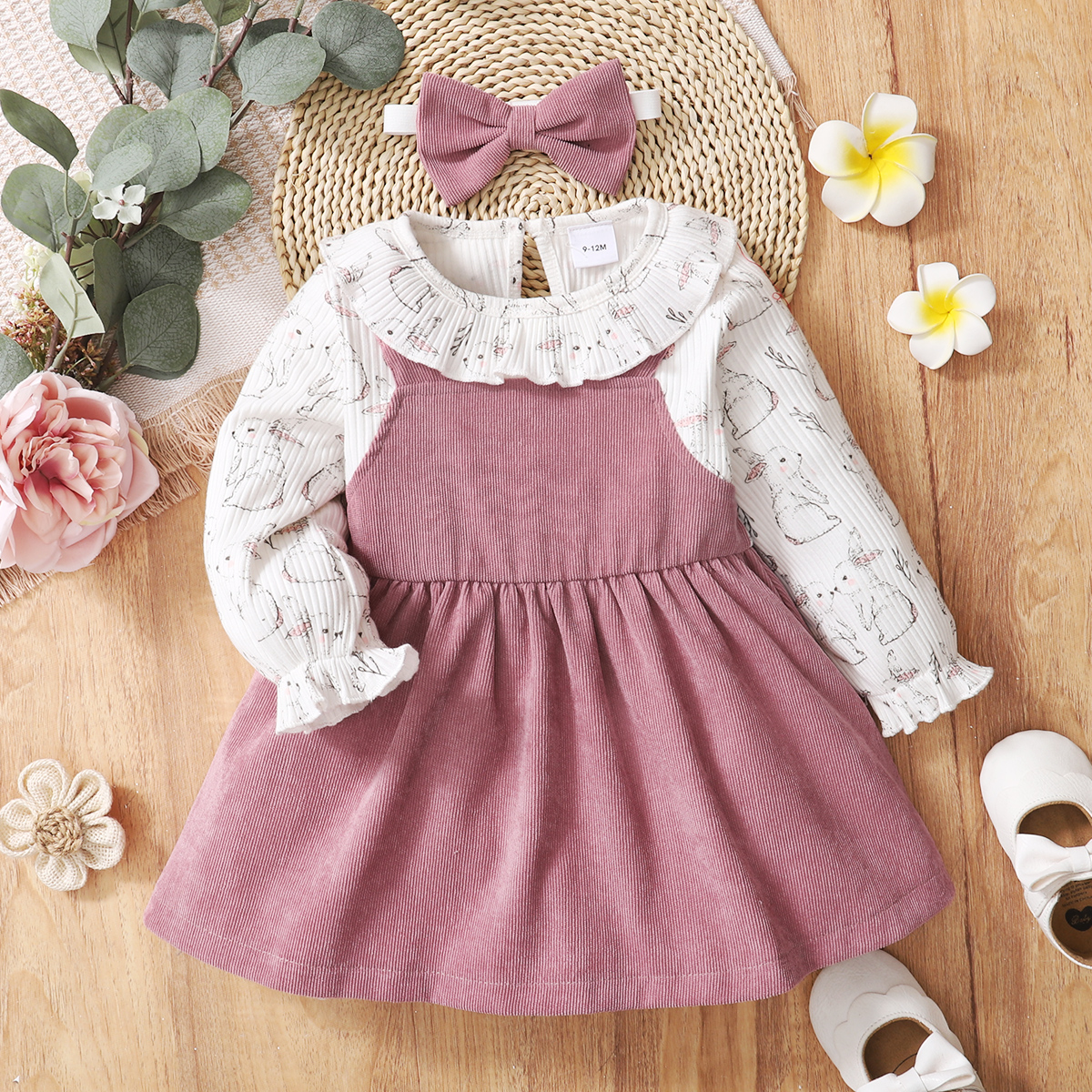 

100% Cotton 2pcs Baby Girl Rabbit Print Ruffle Collar Long-sleeve Splicing Dress