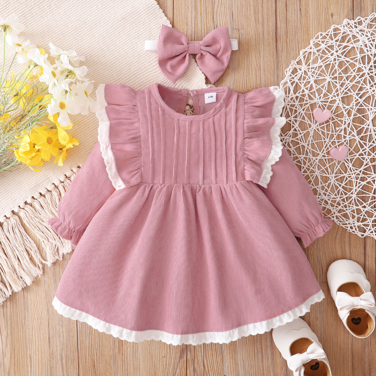 

100% Cotton 2pcs Baby Girl Pink Corduroy Long-sleeve Ruffle Dress Set