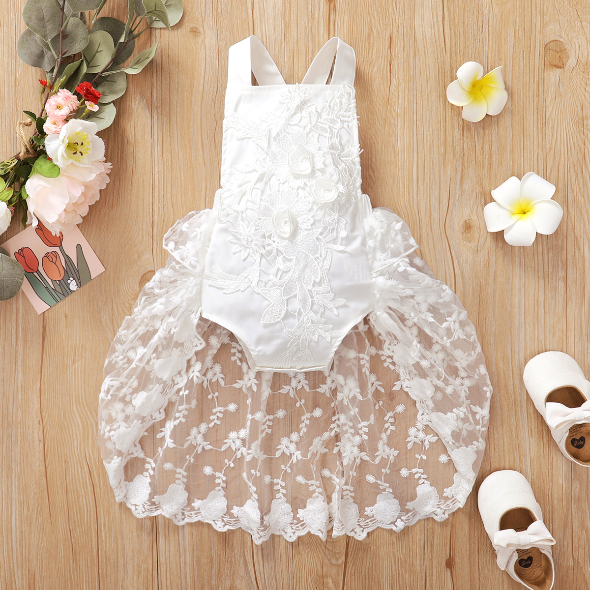 

100% Cotton Baby Girl White Lace Design Sleeveless Romper Party Dress