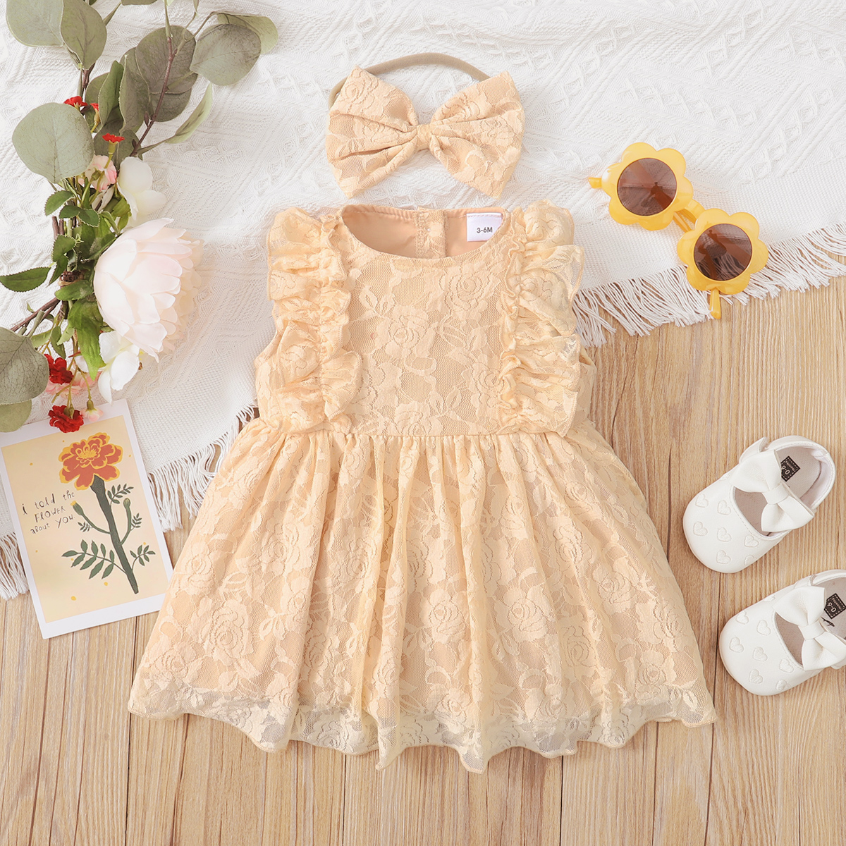 

2pcs Baby Girl Solid Floral Lace Ruffle Sleeveless Tank Dress with Headband Set